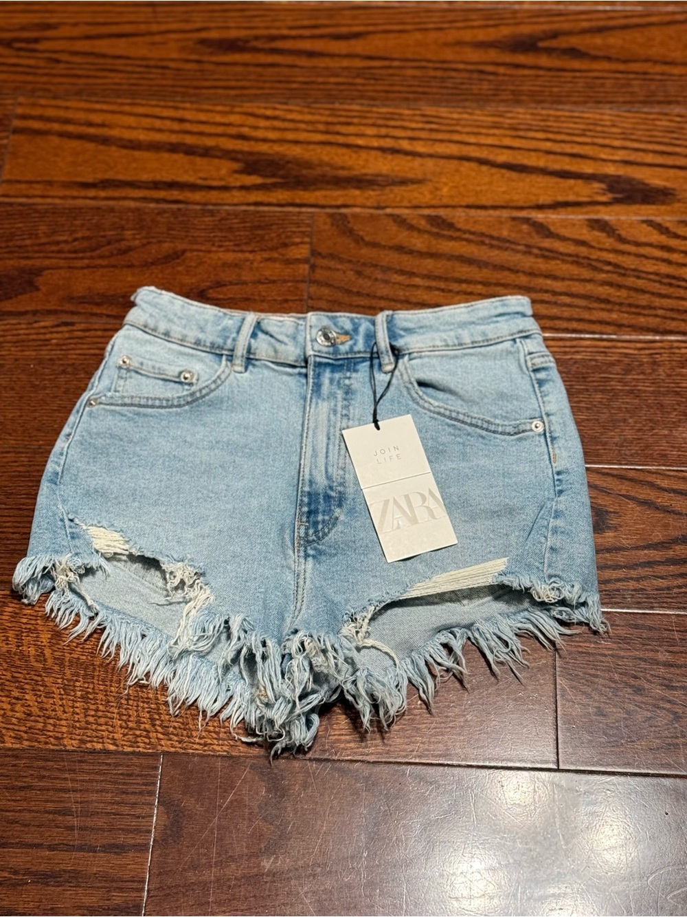 ZARA Light Blue High-Waist Distressed Denim Shorts
